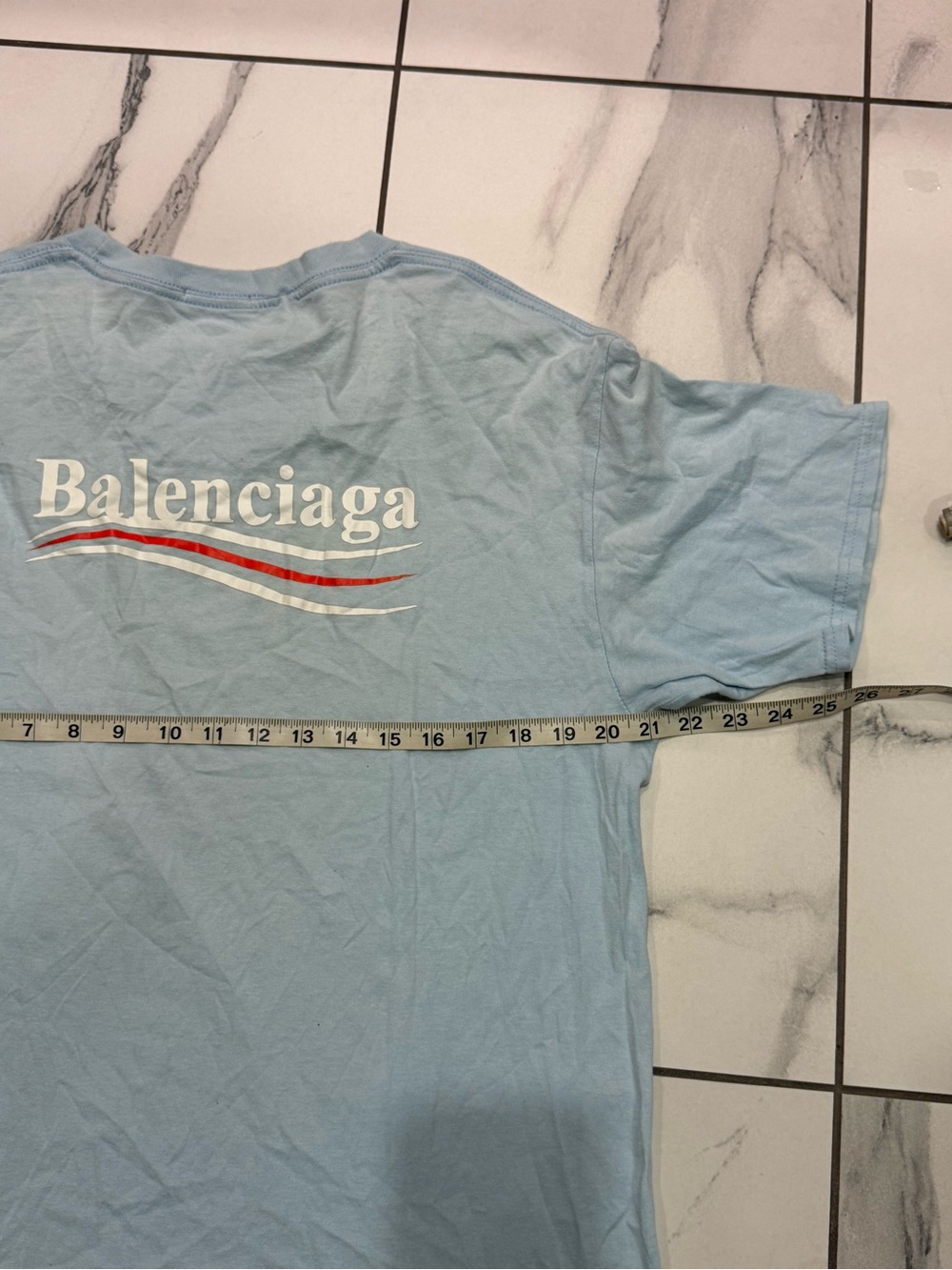 Balenciaga Light Blue Logo Tee with Red and White Wave